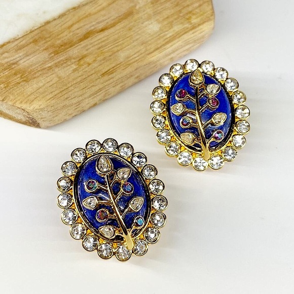 NEW Floral Rhinestone and Lapis Statement Earrings - Picture 1 of 16